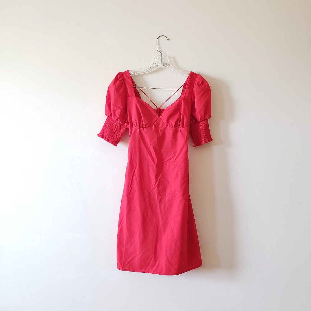 NWOT Red Puffed Sleeve Strappy Cutout Fitted Dress Small